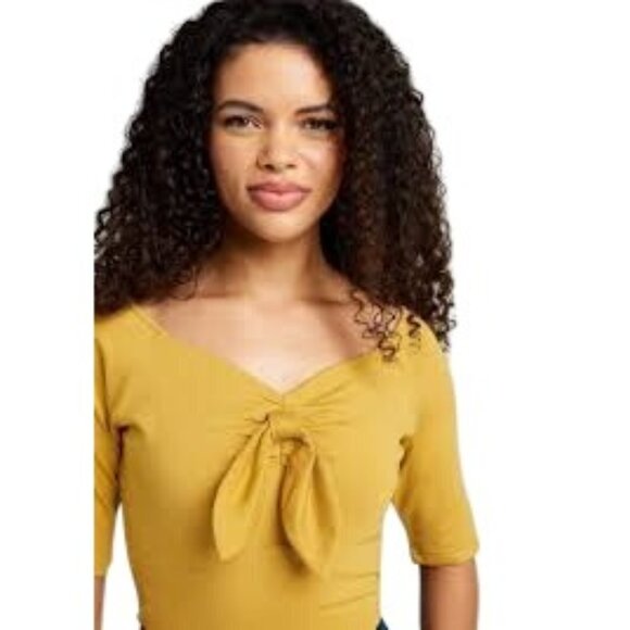 2/$30 Voodoo Vixen XXL Mustard Yellow Tie-Front Top Short Sleeve Nylon Blend - Picture 3 of 12